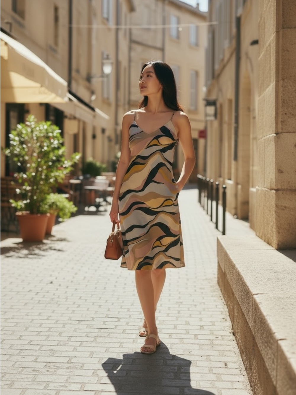 Retro Abstract Swirl Print Satin Midi Dress – Pink & Yellow – Size [m]